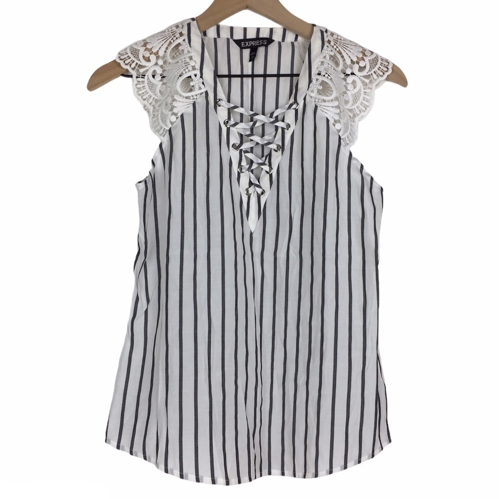 EXPRESS Top Blouse Tank Sleeveless Lace Tie Up Stripe Lightweight Sheer Size XS